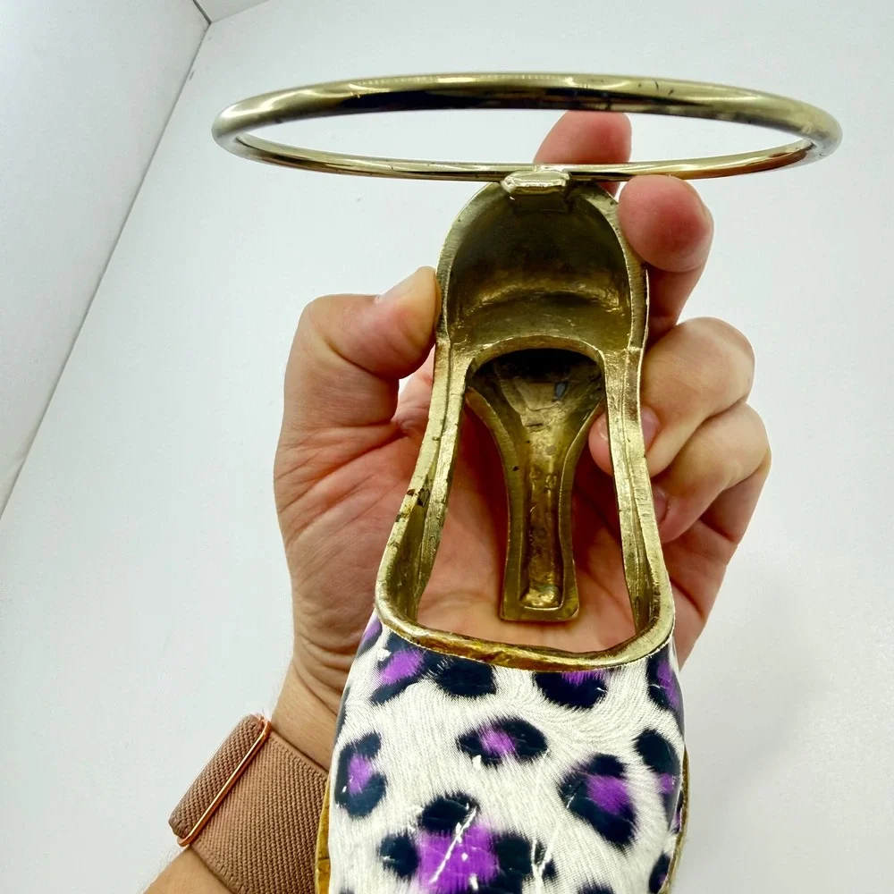 Y2K Gold Stiletto High Heel Candle Holder – Purple Leopard Print Glam Decor